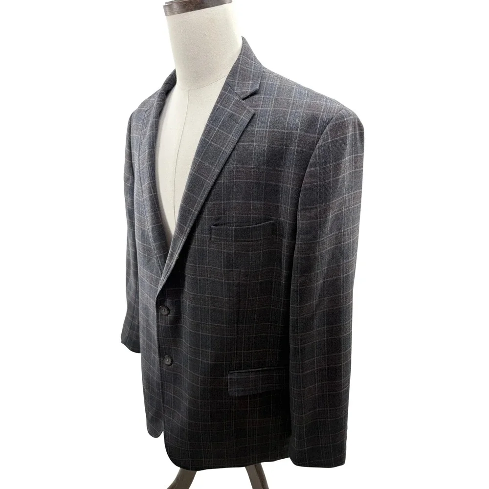 Johnston & Murphy Mens 100% Wool Plaid Blazer Sport Coat Grey Mens XXL 46R